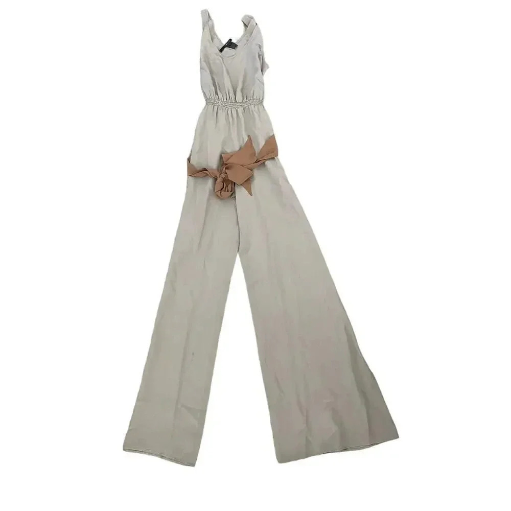 Jaygodfrey Women's Gray Sleeveless V-Neckline 100% Silk Wide Leg Jumpsuit Size 2